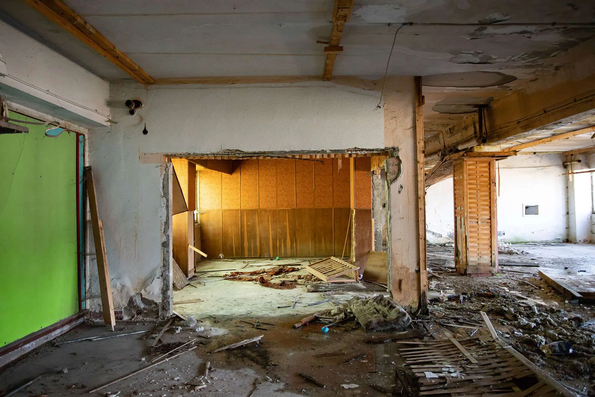 Fire-damaged interior of a building